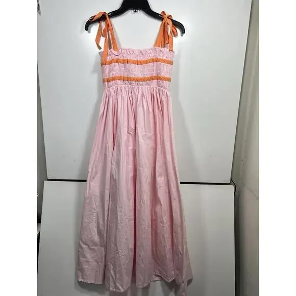 MABLE Lecia Smocked Midi Dress Pink Size Small Orange Tie Straps Smocked Summer - Picture 7 of 9